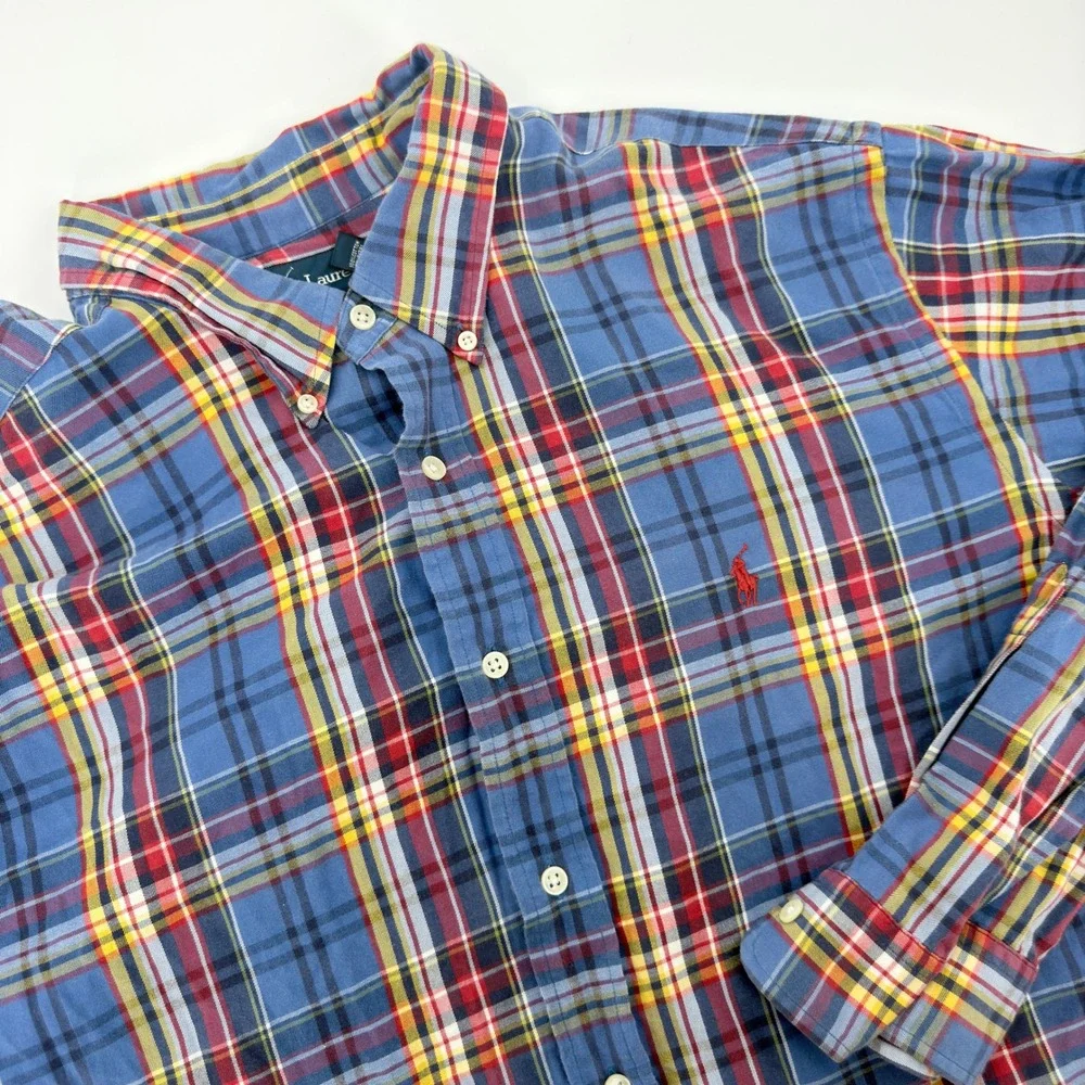 Polo Ralph Lauren Mens XXL Classic Fit Plaid Button Down Shirt Blue Red Cotton